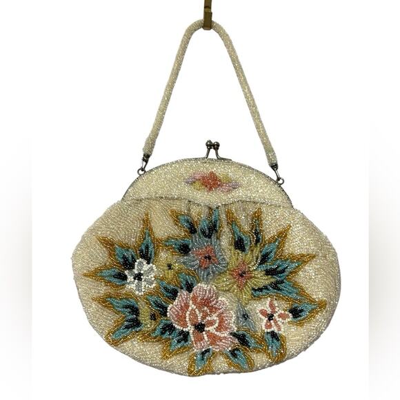 Vintage Hand Beaded Floral mini kiss lock evening Bag - Picture 1 of 8
